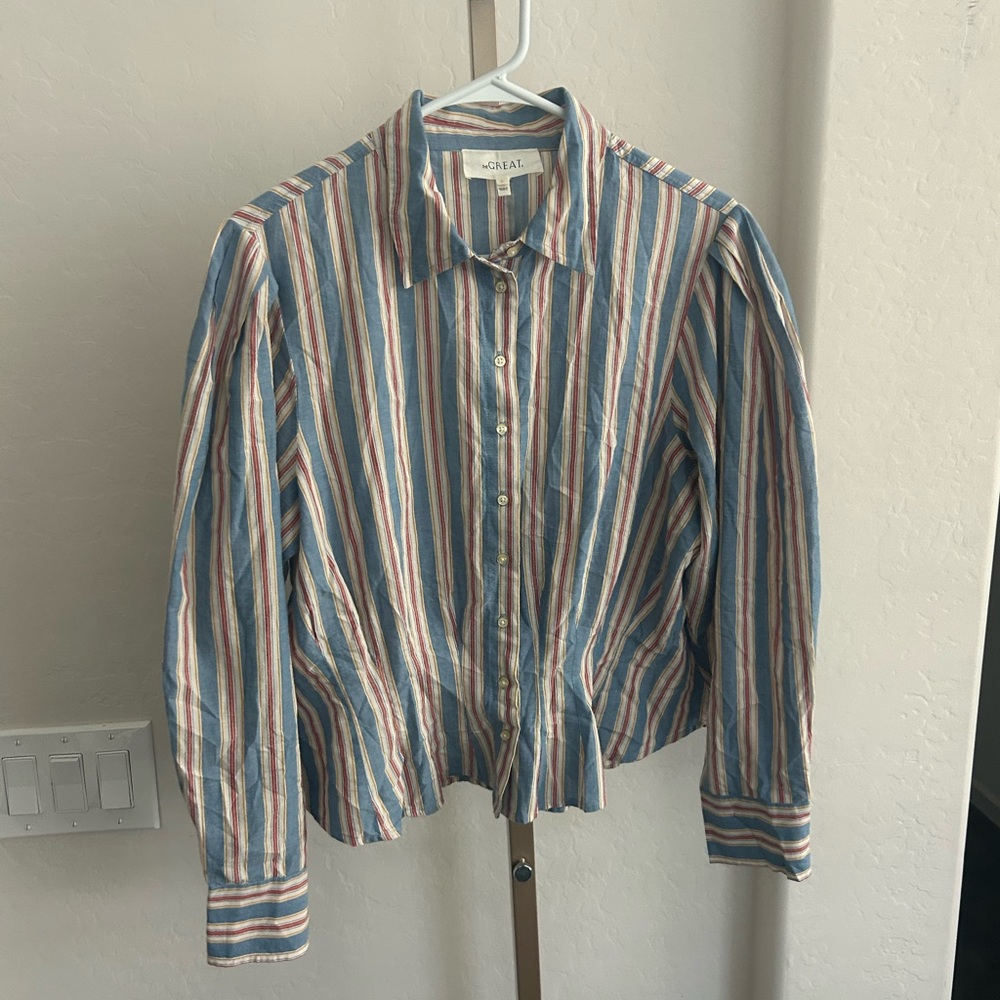 THE GREAT. The Honor Top Frontier Stripe Button Puff Sleeve Size 3 Large $250 - Picture 3 of 9
